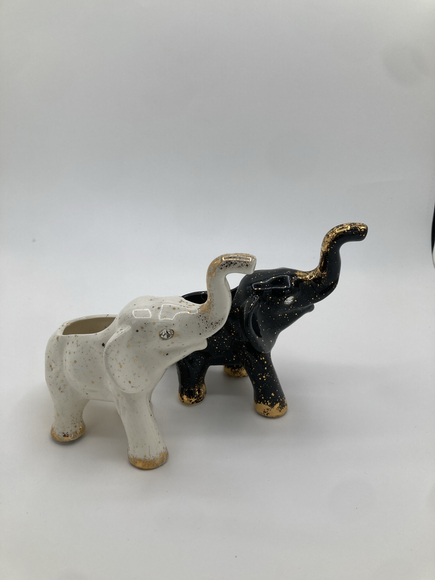 Pair of Vintage Elephant Planters – Black & White Ceramic with Gold Speckles - Picture 2 of 11